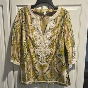 J. Crew Silk Green and Cream Women's Top
